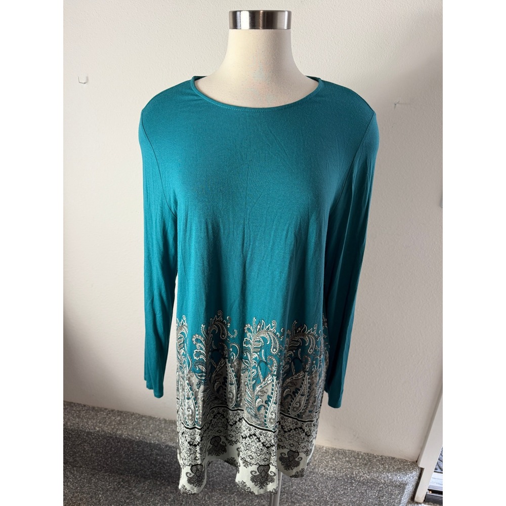 J Jill Wearever Womens Large Petite Teal Scoop Neck Long Sleeve Tunic Top